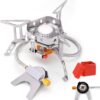 Hikenture Gaskocher mit Piezozündung, Winddichter Camping Kocher 3500W, Faltbarer Campingkocher Gasbrenner für Coleman Primus Kartusche, Kocher Gas Windschutz mit Tragebox für Hiking, Picnic, Outdoor