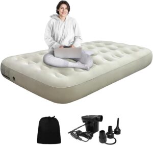Twin Air Mattress with Fast Inflating Pump, Blow up Mattress of Wave Flocked Top, Durable Air Bed for Home, Camping & Guests 8in Bed Height – 500lb Weight Capacity