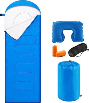Schlafsack Outdoor,Blauer Tragbarer Schlafsack 4 Jahreszeiten 210 * 75cm, mit Kissen und Augenmaske und Ohrstöpsel, Geeignet Schlafsack Erwachsene und Kinder für Camping, Strand und Wandern