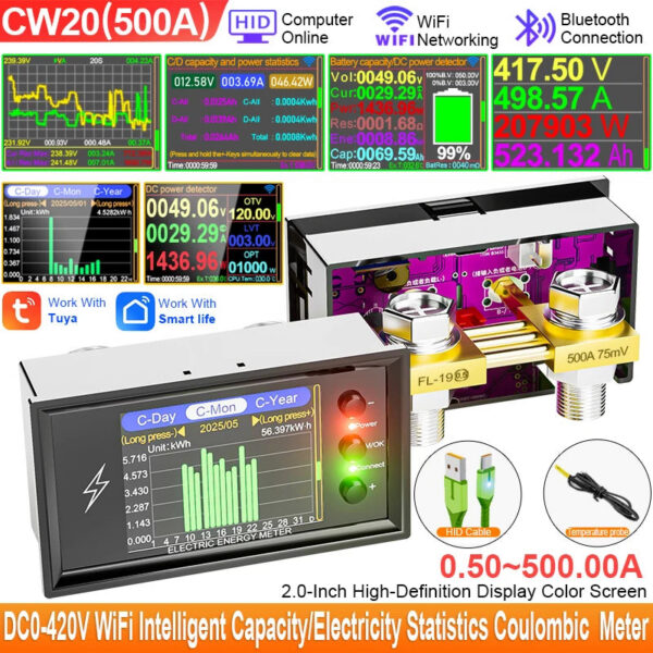 95ab1d83e951c32a CW20 DC0-420V WiFi Tuya Smart Digital Lithium Battery Capacity Detection Tester DC Display Voltage Current Power Coulomb Meter