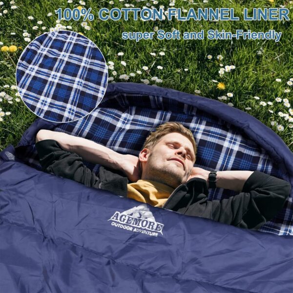 AGEMORE Cotton Flannel Sleeping Bag for Adults, Lightweight XXL Cotton Sleeping Bag for Camping Backpacking or Hiking, Water Resistant 3-4 Season Sleeping bag for Warm & Cool Weather