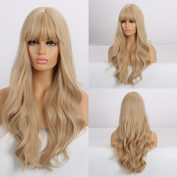Natural Blonde Yellow Long Wavy Synthetic with Bangs Women Body Wave Afro Female Wigs Cosplay Daily Hair