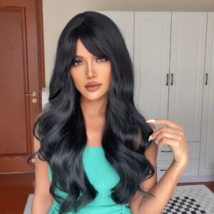 95ee282c636b1c0e Long Black Wavy Synthetic with Bangs for Women Body Wave Wigs Cosplay Daily Natural Use Hair Heat Resistant