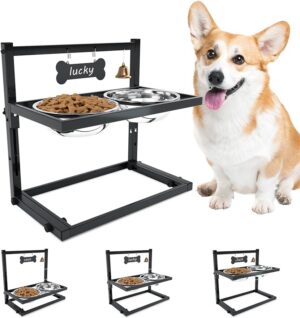 969e1a3f1a2db9e5 SHAINFUN Elevated Dog Bowls for Medium Dogs and Cats - Raised Cat or Dog Bowl Stand with Adjustable Height and Two Stainless Steel Food Bowls - Ideal for Medium and Small Dogs and Cats.