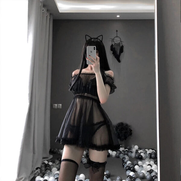 Kawaii Lace Nightdress Lingerie Pajamas Set for Women Off-Shoulder Tulle Temptation See Through Dress Erotic Cosplay Costumes
