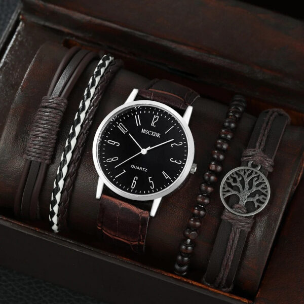 96fa75f97d698259 MSCXDK Brand 5pcs Black Quartz Watches Bracelet Men Business Casual Round Watch Life Tree PU Leather Bracelets Sets