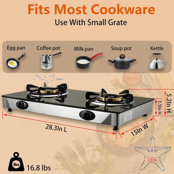 973ee5bf18f8a602 Propane Stove 2 Burner Gas Stove, 28800 BTU High-Efficiency Auto Ignition Tempered Glass LPG Cooktop with CSA Regulator and Hose – for Outdoor Camping, RV, and Emergency Cooking