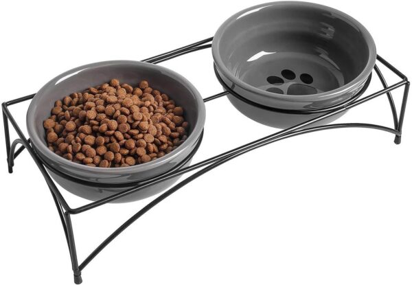 Y YHY Ceramic Raised Pet Bowls 12 oz Capacity 2.75” Height Sturdy Metal Stand, Grey