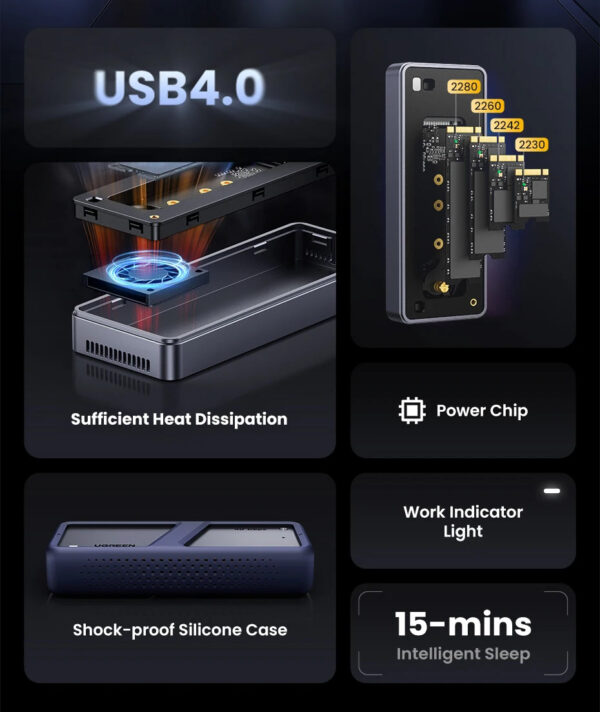 987b631014b710d3 UGREEN 40Gbps NVMe SSD Enclosure M.2 to USB4.0 SSD Case Compatible with M.2 NVME PCIe Built-in Cooling Vest Aluminum Case