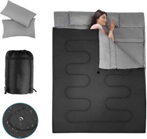 988c551e7d131236 COSTWAY Double Sleeping Bag, Extra Large - 220 x 150 cm - Converts into 2 Singles, Waterproof Sleeping Bag with Free Pillows and Carrying Bag for Camping, Hiking