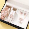 98a4ade769751b4e 6PCS Set Rose Gold Watch Women Ring Necklace Earring Rhinestone Fashion Wristwatch Casual Ladies Bracelet Watches