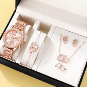 98a4ade769751b4e 6PCS Set Rose Gold Watch Women Ring Necklace Earring Rhinestone Fashion Wristwatch Casual Ladies Bracelet Watches