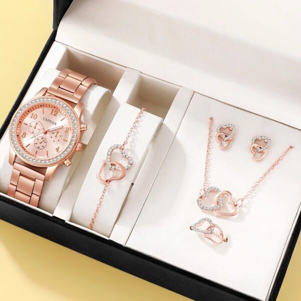 98a4ade769751b4e 6PCS Set Rose Gold Watch Women Ring Necklace Earring Rhinestone Fashion Wristwatch Casual Ladies Bracelet Watches