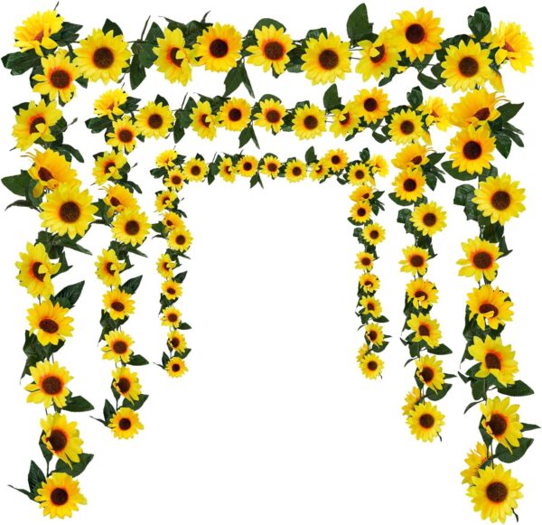 3 Pack Artificial Sunflower Garland, 7.5ft/Strand Silk Sunflowers Hanging Vines Flowers with Green Leaves for Room Kitchen Garden Birthday Wedding Baby Shower Party Table Decor Large