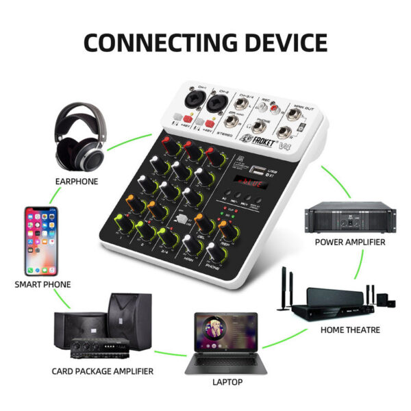 V4 Interface with Bluetooth USB Recording Computer 48V Phantom Power Delay Replay Effects, 4-Channel Audio Mixer