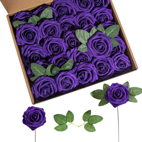995c84fe87f9b6eb Artificial Flower Foam Purple Rose 50pcs Real Looking Fake Rose with Stems Leaves for Home Decoration Party Garden Centerpieces DIY Wedding Bouquets(Purple)