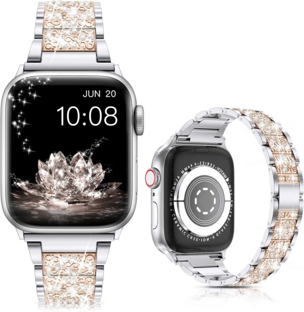 LELONG Compatible with Apple Watch Band 38mm 40mm 41mm Series 9 Series 8 7 6 5 4 3 2 1 SE Ultra, Bling Replacement Bracelet iWatch Band, Diamond Rhinestone Stainless Steel Metal Wristband Strap