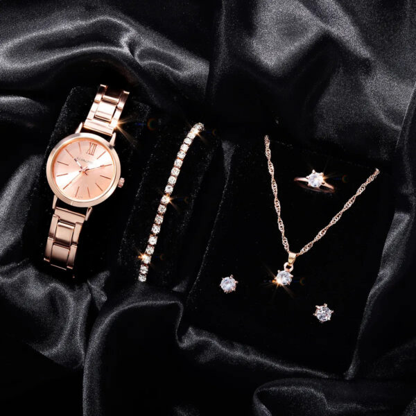 999bd75c2f17c6af 6 PCS New Love Rhinestone Jewelry Ladies Ring Necklace Earrings Bracelet Set Simple Digital Steel Strap Quartz Watch