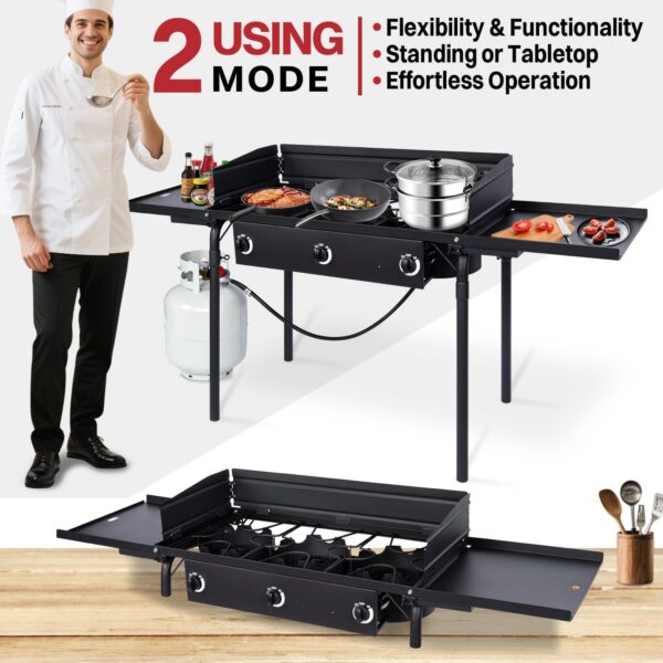 99b6ffb64f41f69e 3 Burner Propane Camp Stove | 225,000 BTU Gas Burners | Side Shelves | Windscreen | Waterproof Cover | Detachable Legs | Ideal for Camping Backyard Outdoor Cooking