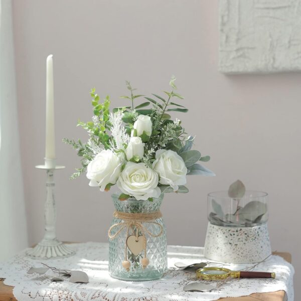 Faux Flowers with Vase,Artificial Silk Roses in Vase, Fake Plant Eucalyptus Flower Arrangement for Home Office Farmhouse Bathroom Dining Table Centerpiece Decorations Coffee Table Decor (Pink)