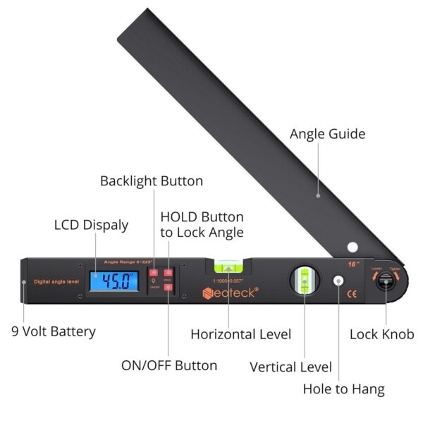 Neoteck 0-225° LCD Digital Protractor Spirit Level Angle Finder Gauge Meter 400mm Electronic Measurement Tool Black Or Sier