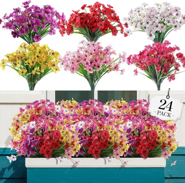 9a977bde10af802d 24 Bundles Artificial Flowers for Outdoor,No Fade Fake Plastic Flowers Faux Plants for Decoration Hanging Planters Indoor Outside Garden Porch Window Box Home Wedding Farmhouse