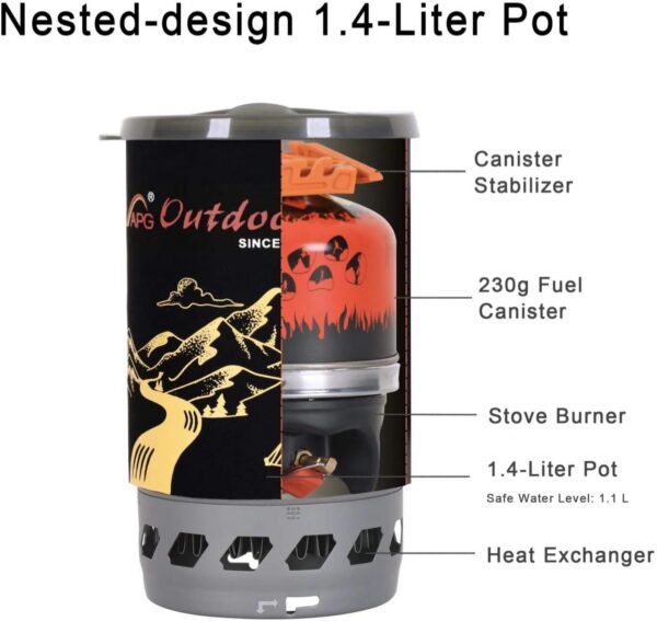 APG 1.4-Liter Camping Stove Cooking System Propane Butane Burner Outdoor Hiking Backpacking Camp Gas Stove Fast Boil Fuel Efficient Flash Cooking