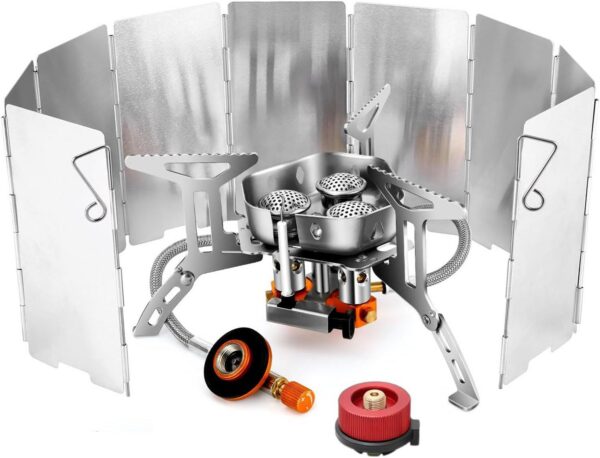 9b19d9f230858ccc 3-Core Burner Camping Stove with Fuel Canister Adapter, Folding Windshield and Storage Case, Portable Collapsible Camp Stove Set for Outdoor Backpacking Hiking Picnic