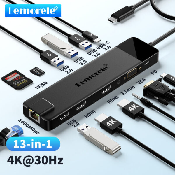 Lemorele 4K Hub C to Dual HDMI Gigabit Docking Station USB 3.0 VGA Adapter SD Card Readers for Windows Book Air