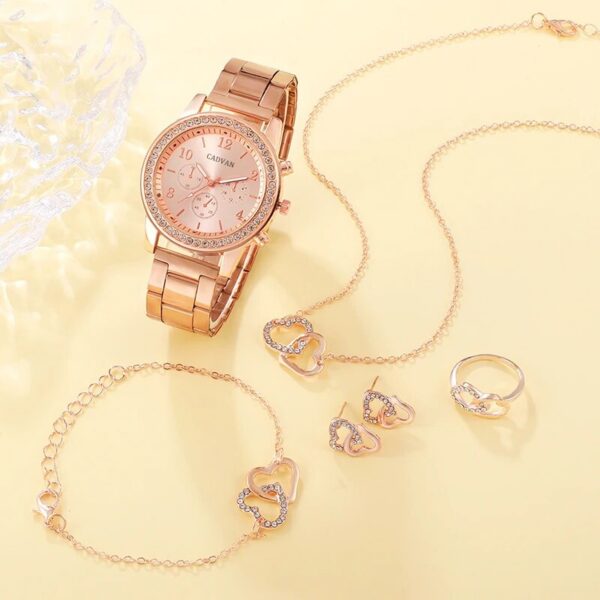 9b69e2c230175d73 6PCS Set Rose Gold Watch Women Ring Necklace Earring Rhinestone Fashion Wristwatch Casual Ladies Bracelet Watches