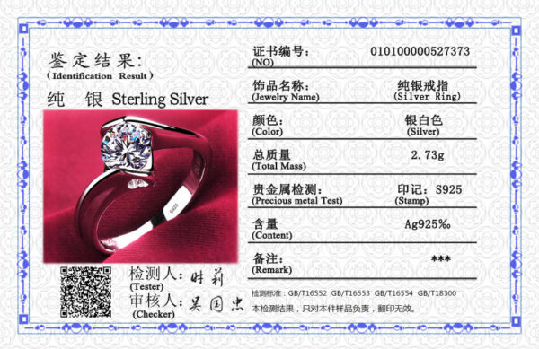 With Credentials 100% Original Sterling Rings Women's 1 Carat Imitation Diamond Ring Sier Jewelry Wedding Band