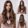 HAIRCUBE Long Brown Curly Wavy Women Middle Part Synthetic Wig for Any Ocn Heat Resistant Fake Hair