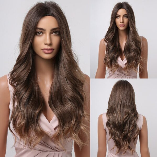 HAIRCUBE Long Brown Curly Wavy Women Middle Part Synthetic Wig for Any Ocn Heat Resistant Fake Hair