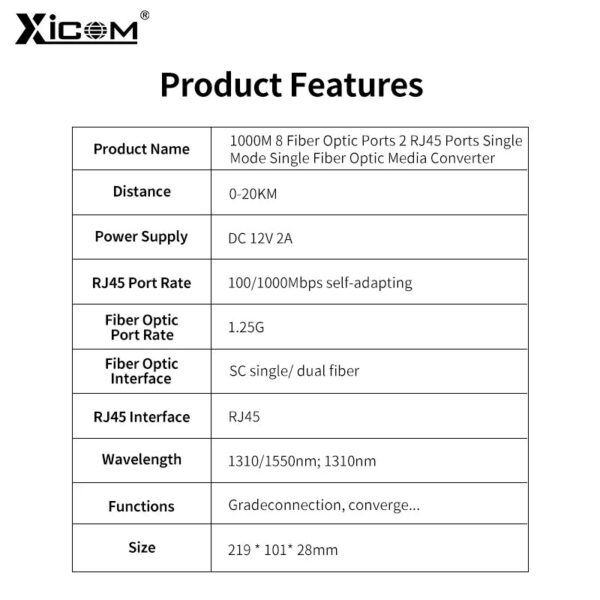 9c48fbec957111bc 100/1000M Gigabit Ethernet Fiber Switch 8*1.25G Fiber Port 2 RJ45 Port Media Converter 20KM SC Single Mode Optical Transceiver