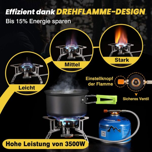 Hikenture Gaskocher mit Piezozündung, Winddichter Camping Kocher 3500W, Faltbarer Campingkocher Gasbrenner für Coleman Primus Kartusche, Kocher Gas Windschutz mit Tragebox für Hiking, Picnic, Outdoor