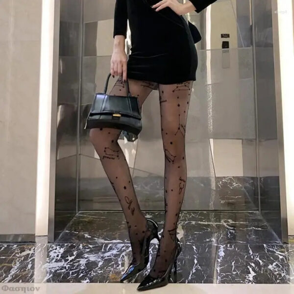 Women Socks Sexy Tights With Letter Pattern Constellation Printed Pantyhose Mesh Stockings 2023 Fashion Black Spring Summer Lady