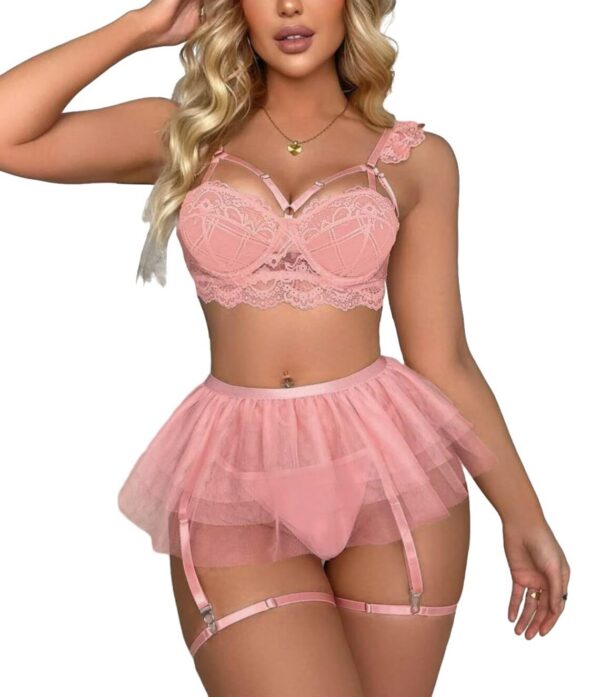 Lilosy Sexy Push Up Garter Skirt Strappy Lingerie Set