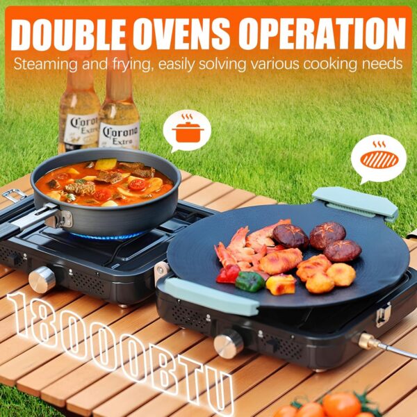 9d9cc3e647740c4c 2 Burner Propane Stove with Grill, 18,000 BTU, Portable Camping Stove, Foldable Camp Stove, Gas Stove with 2 Adjustable Burners, Piezo Ignition & Easy Carrying Handle (Green)