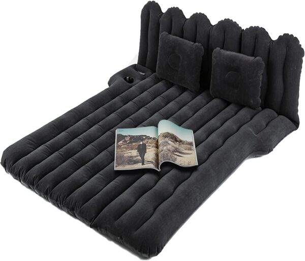 9da7270428b2985b SUV Air Mattress with Cup & Phone Holder, Flocked-Top Inflatable Car Mattress with Two Air Pillows & Electric Air Pump, Ideal SUV Mattress for Camping, Travel, and Road Trips (Grey)