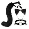 QinRuan Cat Ears and Wolf Fox Animal Tail Cosplay Costume Faux Fur Hair Clip Headdress Halloween Leather Neck Chocker Set (3-Blackwhite)