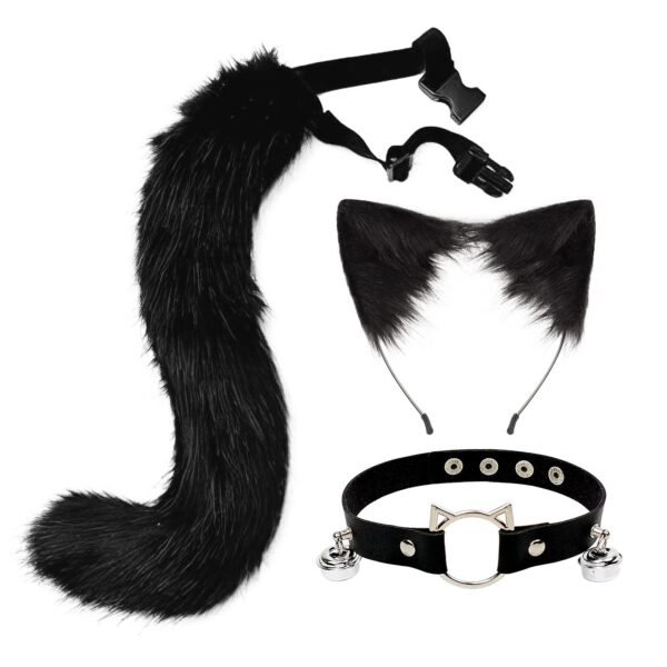 QinRuan Cat Ears and Wolf Fox Animal Tail Cosplay Costume Faux Fur Hair Clip Headdress Halloween Leather Neck Chocker Set (3-Blackwhite)
