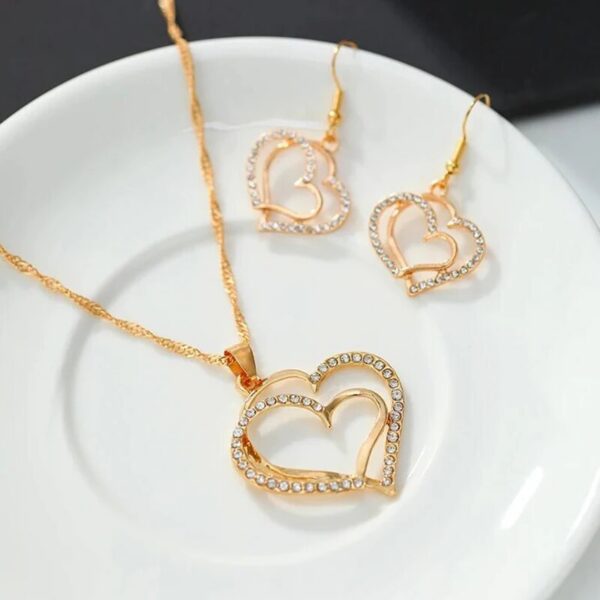 3 Pcs Shaped Of Earrings Pendant Necklace For Women Exquisite Fashion Rhinestone Double Heart Jewelry Set