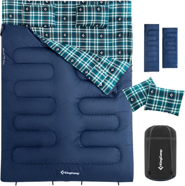KingCamp Double Sleeping Bag for Adults, Queen Size 2 Person XXL Flannel Sleeping Bag, Waterproof Lightweight Flannel Quilt with 2 Pillows, Perfect for Couples Family Camping Hiking