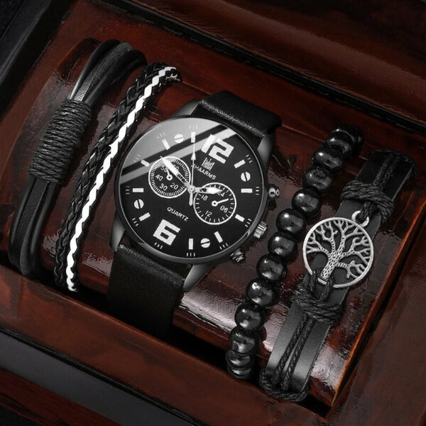5PCS Set Fashion Mens Sports Bracelet Watches For Men Retro Big Dial Quartz Wrist Classic Male Casual Brown Leather Watch