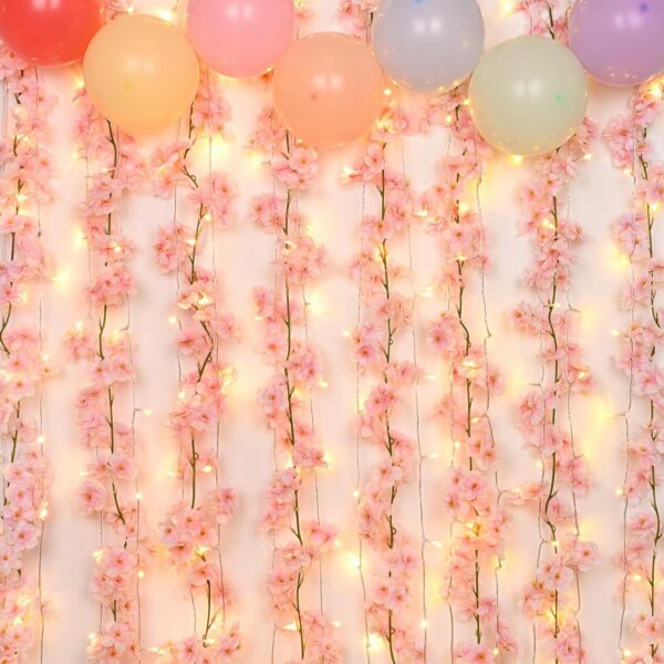 Sunm Boutique 8-Pack 47.2 Ft Artificial Cherry Blossom Garland Cherry Blossom Hanging Vine with 65.6 Ft Long 160 LED String Lights Silk Sakura Vines Garland for Wedding Party Home Decor, Pink