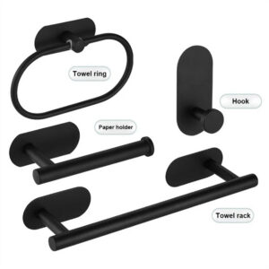 9e86e8d37866b14d 4PCS Wall Mount Toilet Towel Holder Adhesive Black Sier Kitchen Roll Paper Stand Hanging Napkin Rack Bathroom Set