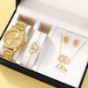 9ed0af9462ef61b9 6PCS Set Rose Gold Watch Women Ring Necklace Earring Rhinestone Fashion Wristwatch Casual Ladies Bracelet Watches