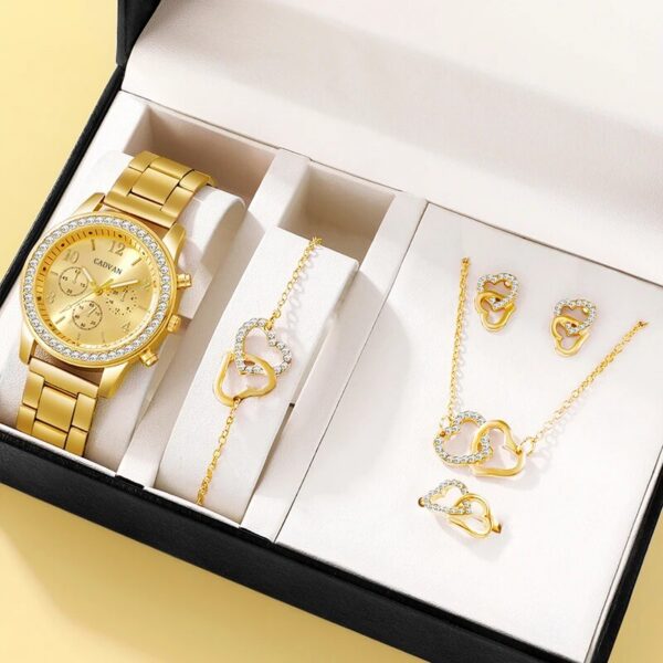 9ed0af9462ef61b9 6PCS Set Rose Gold Watch Women Ring Necklace Earring Rhinestone Fashion Wristwatch Casual Ladies Bracelet Watches