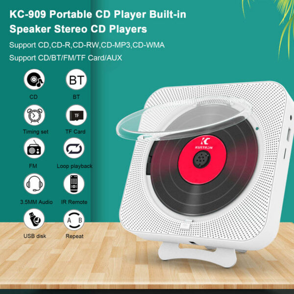 Portable Bluetooth Speaker Stereo Players LED Screen Wall Mountable CD Music Player with IR Remote Control FM Radio