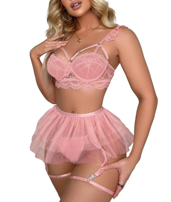Lilosy Sexy Push Up Garter Skirt Strappy Lingerie Set